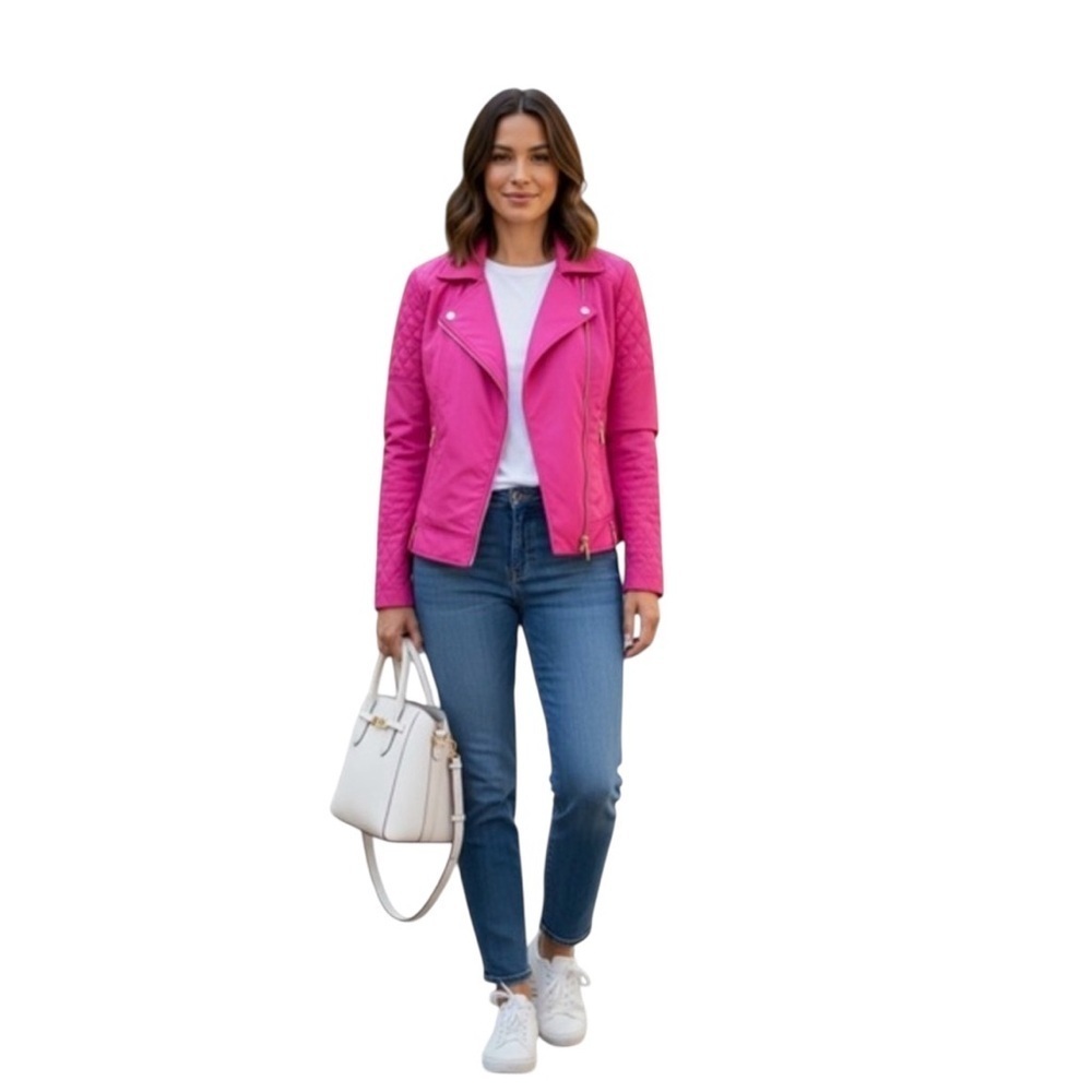 Ellen Tracy Hot Pink Moto Jacket L Quilted Gold Zip Lightweight Stylish